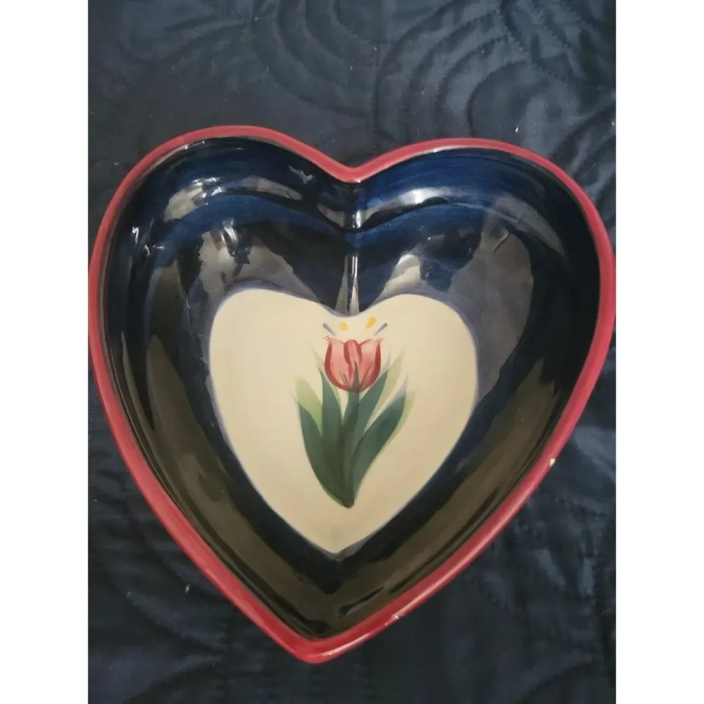 Heart Shape Bowl by P Silkotch Hand Painted Royal Blue‎ Pink Tulip 1992 Signed
